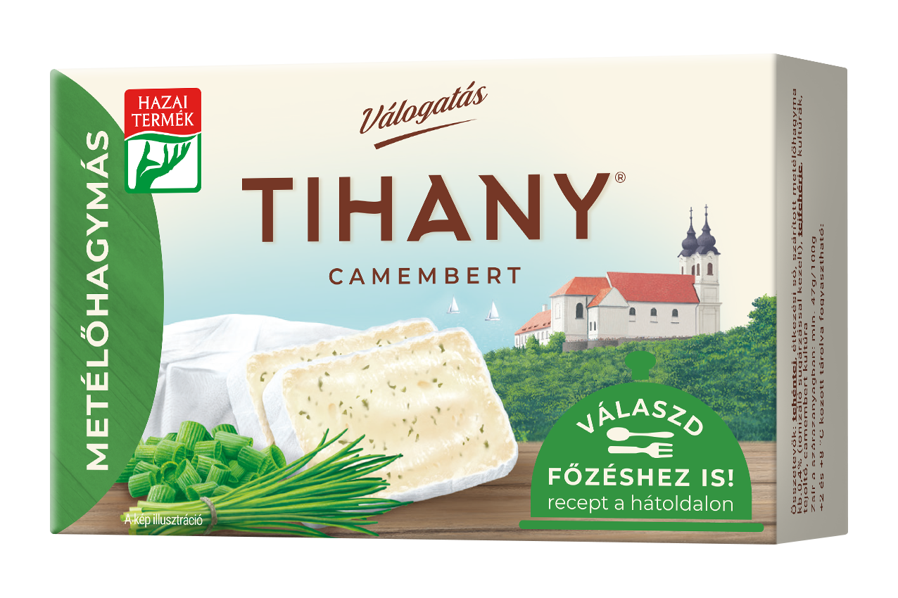 Tihany Válogatás camembert, metélőhagymás 120g camembert kultúrával érlelt zsíros lágysajt